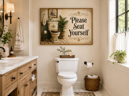 Bathroom Wall Art – Please Seat Yourself Sign | Funny Bathroom Art Canvas Print