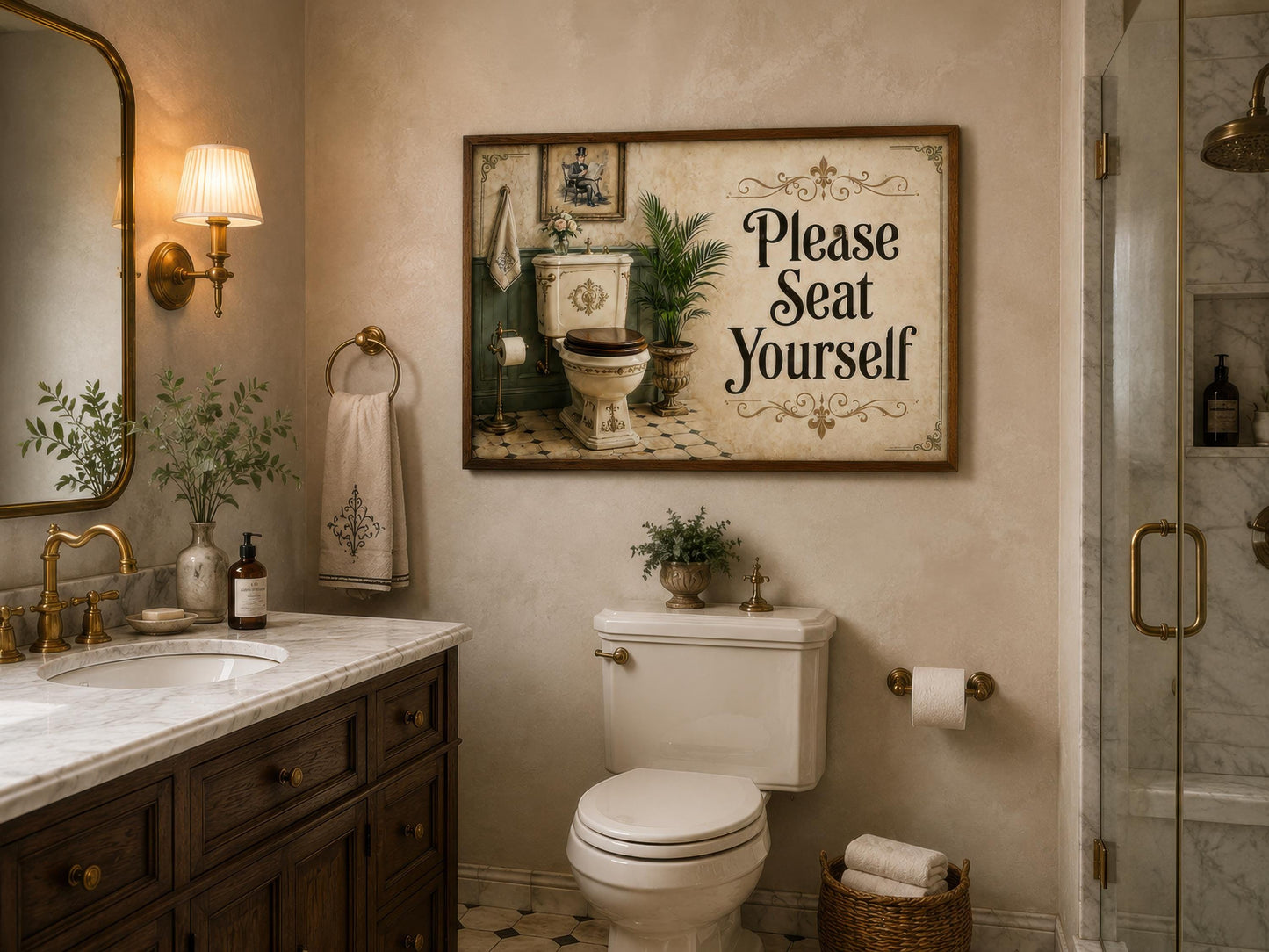 Bathroom Wall Art – Please Seat Yourself Sign | Funny Bathroom Art Canvas Print