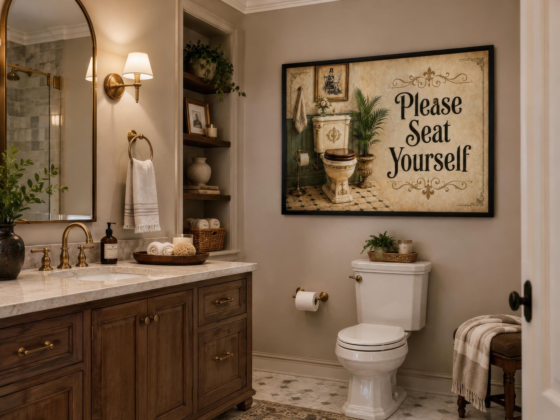 Bathroom Wall Art – Please Seat Yourself Sign | Funny Bathroom Art Canvas Print