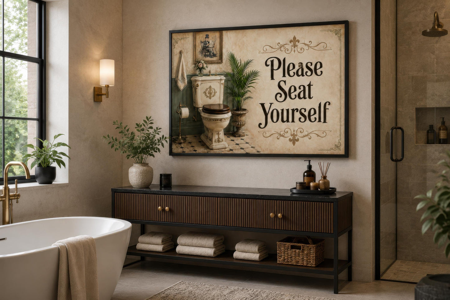 Bathroom Wall Art – Please Seat Yourself Sign | Funny Bathroom Art Canvas Print