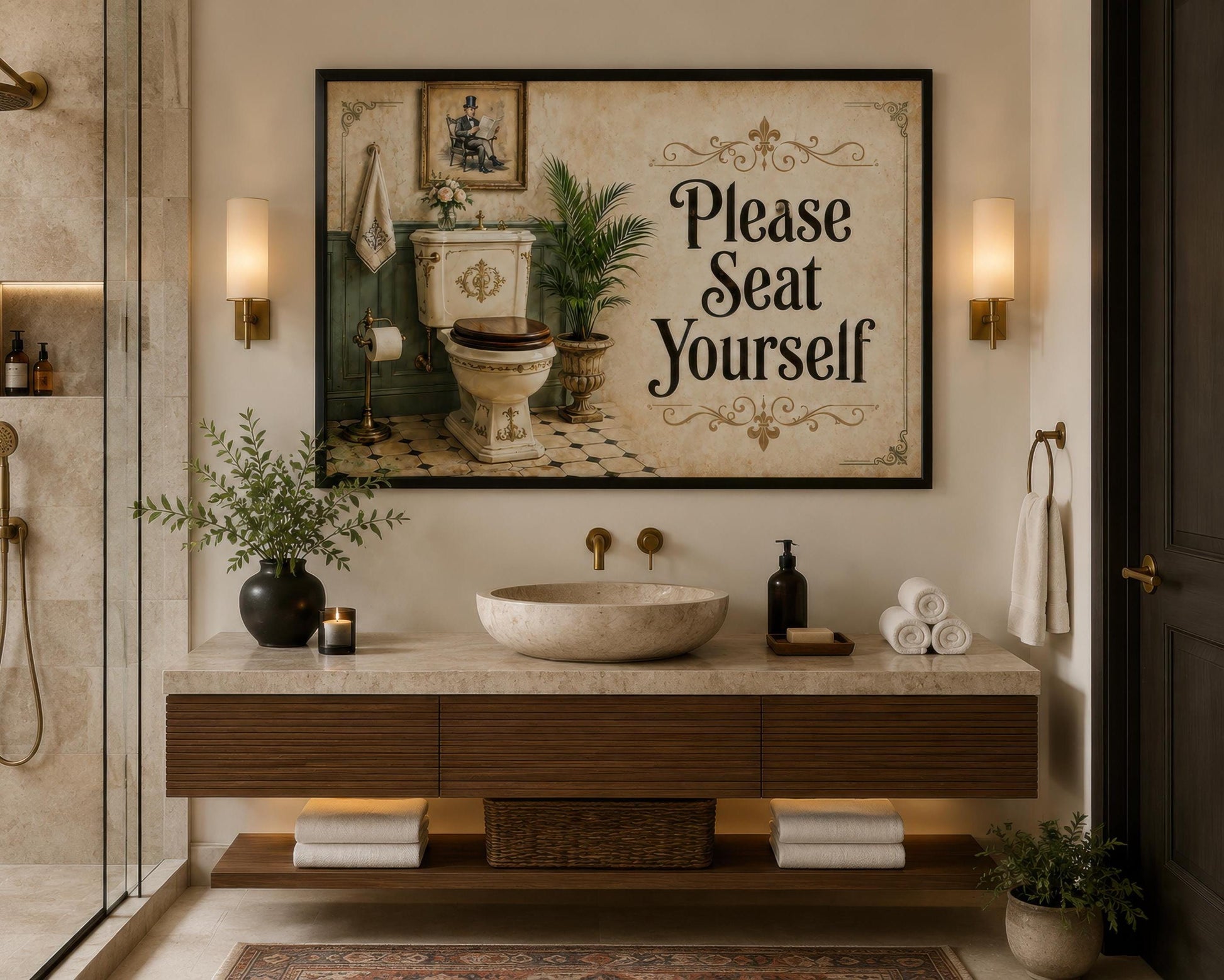 Bathroom Wall Art – Please Seat Yourself Sign | Funny Bathroom Art Canvas Print