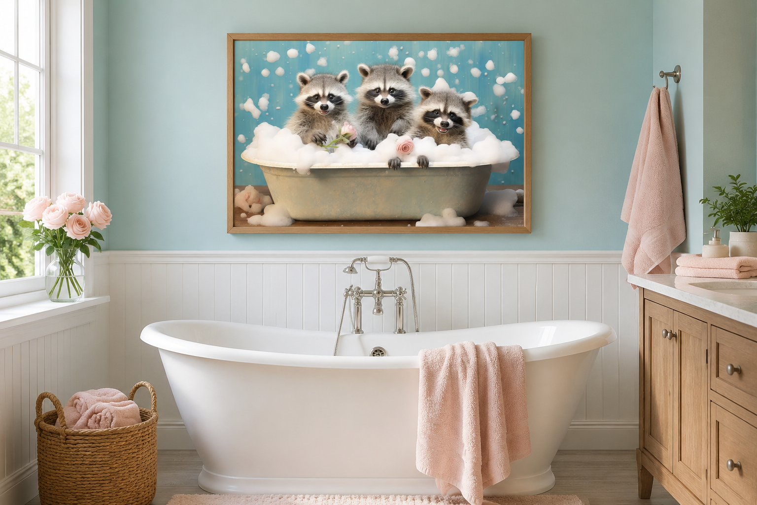 Three Racoons In a Bathtub Framed Canvas Wall Art