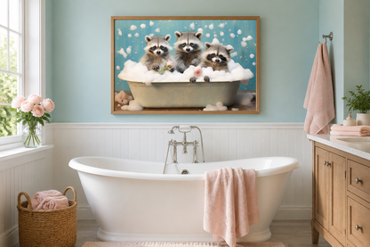Three Racoons In a Bathtub Framed Canvas Wall Art