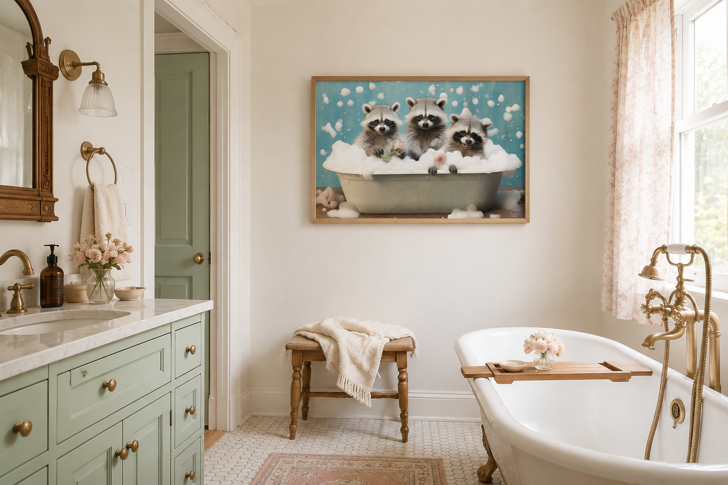 Three Racoons In a Bathtub Framed Canvas Wall Art
