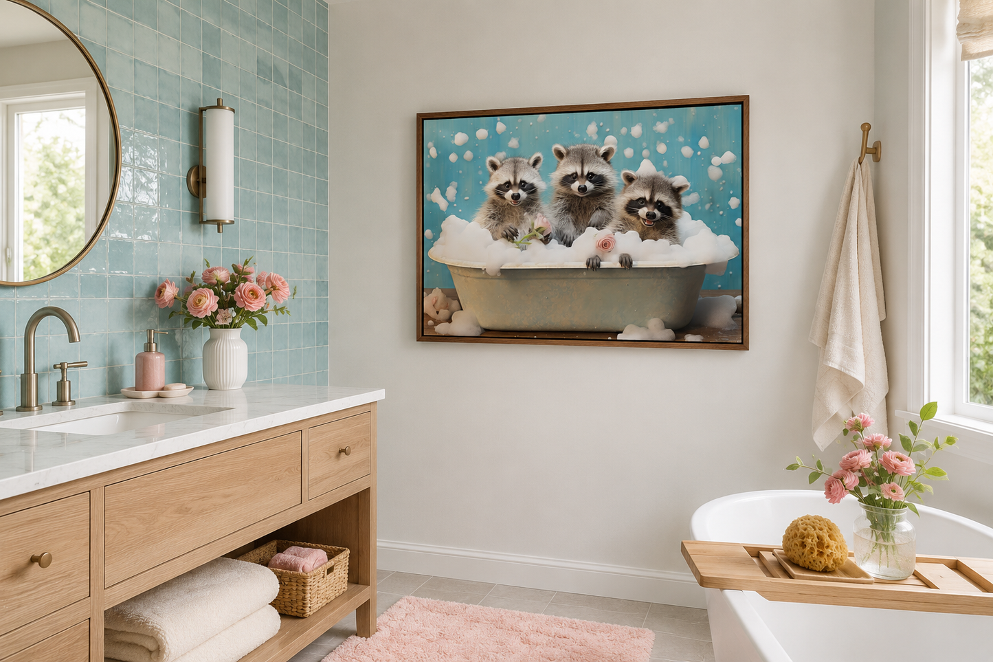 Three Racoons In a Bathtub Framed Canvas Wall Art