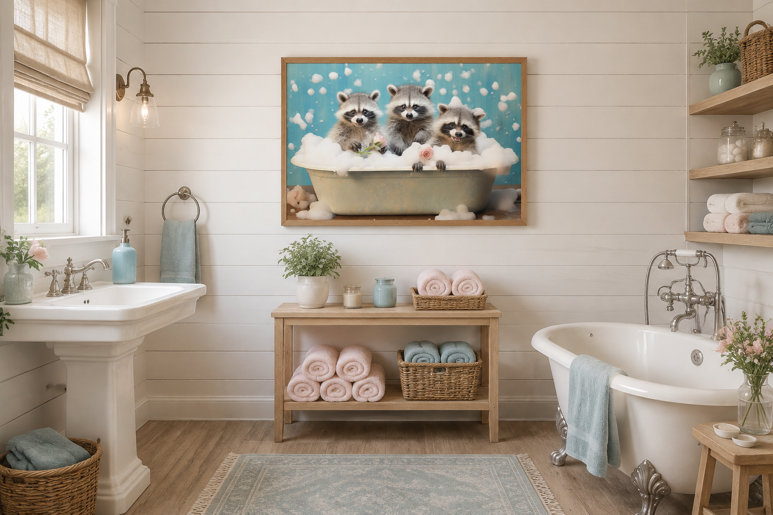 Three Racoons In a Bathtub Framed Canvas Wall Art