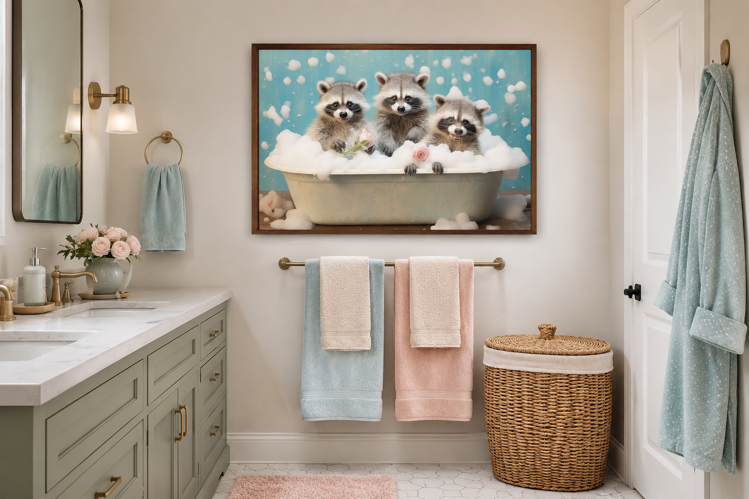Three Racoons In a Bathtub Framed Canvas Wall Art