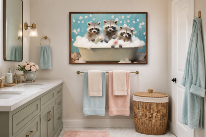 Three Racoons In a Bathtub Framed Canvas Wall Art