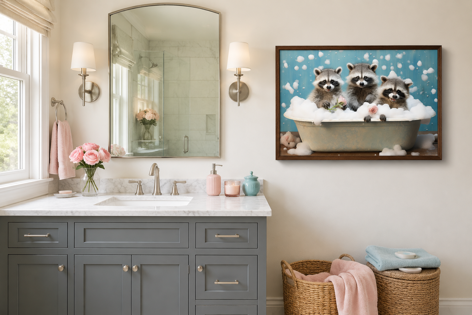 Three Racoons In a Bathtub Framed Canvas Wall Art