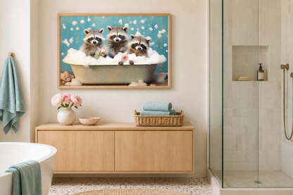 Three Racoons In a Bathtub Framed Canvas Wall Art