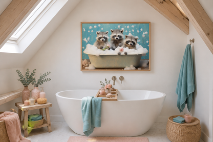 Three Racoons In a Bathtub Framed Canvas Wall Art