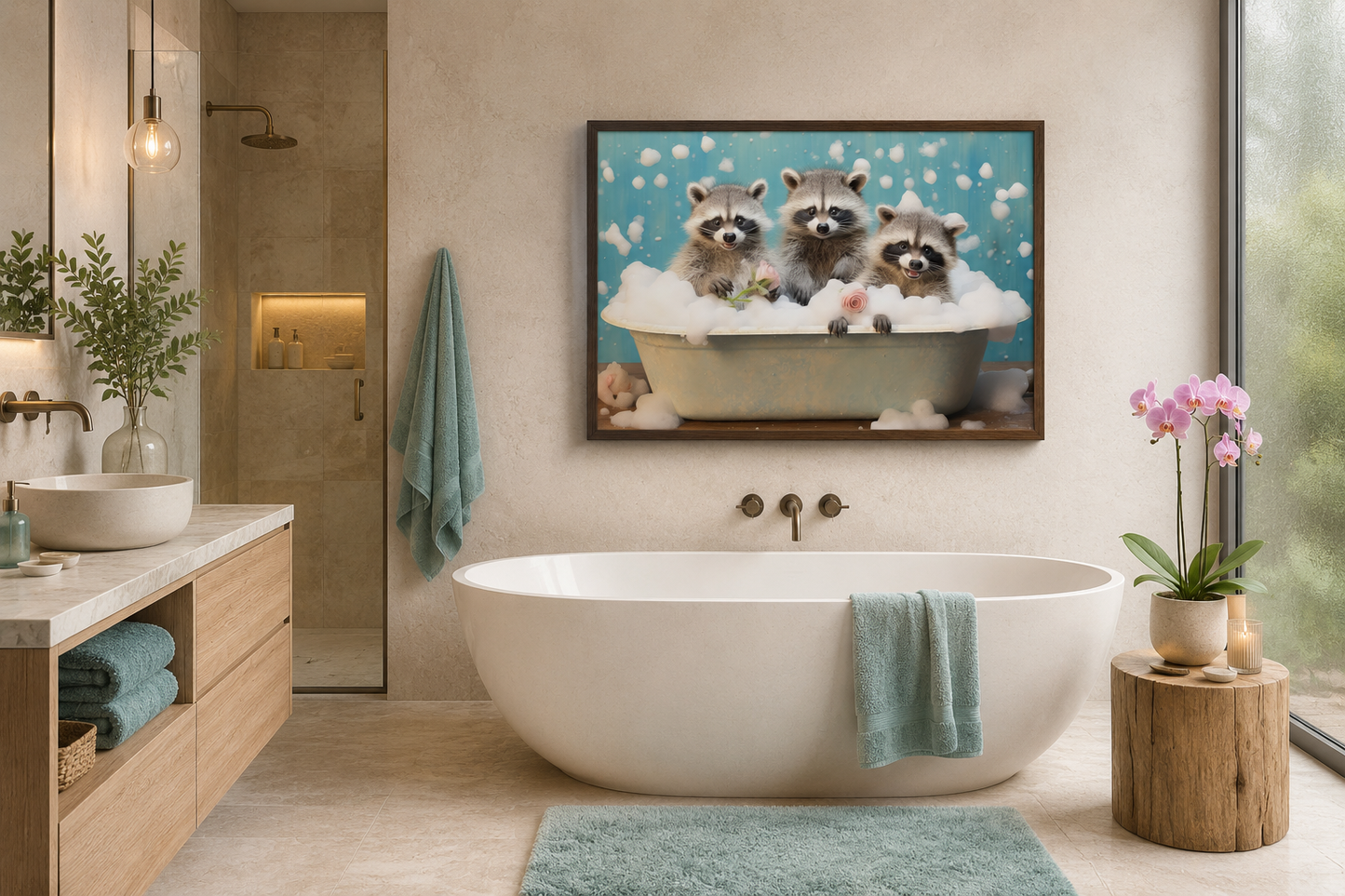 Three Racoons In a Bathtub Framed Canvas Wall Art