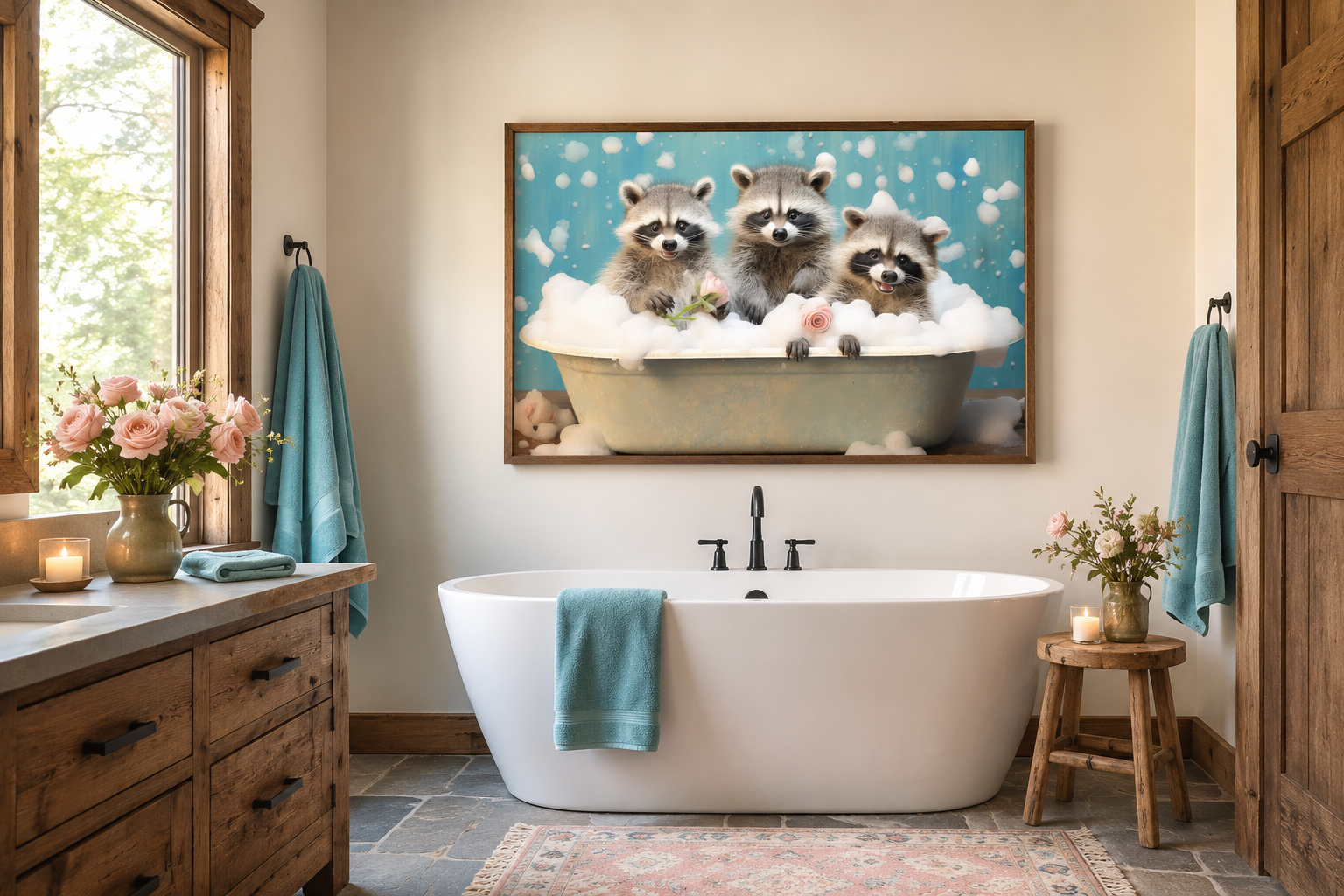 Three Racoons In a Bathtub Framed Canvas Wall Art