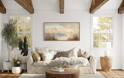 Beach Pampas Grass Art – Neutral Boho Wall Art | Framed Coastal Canvas Print