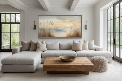 Beach Pampas Grass Art – Neutral Boho Wall Art | Framed Coastal Canvas Print