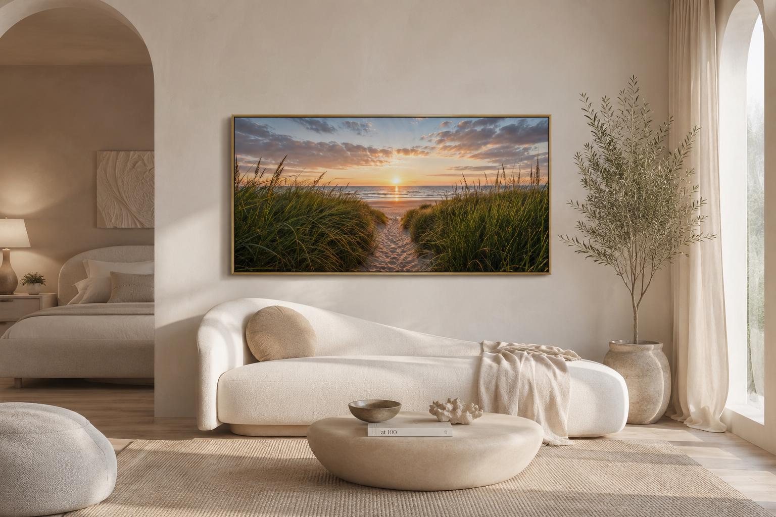 Beach Sunset, Grass And Sand Dunes Coastal Canvas Wall Art