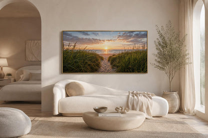 Beach Sunset, Grass And Sand Dunes Coastal Canvas Wall Art