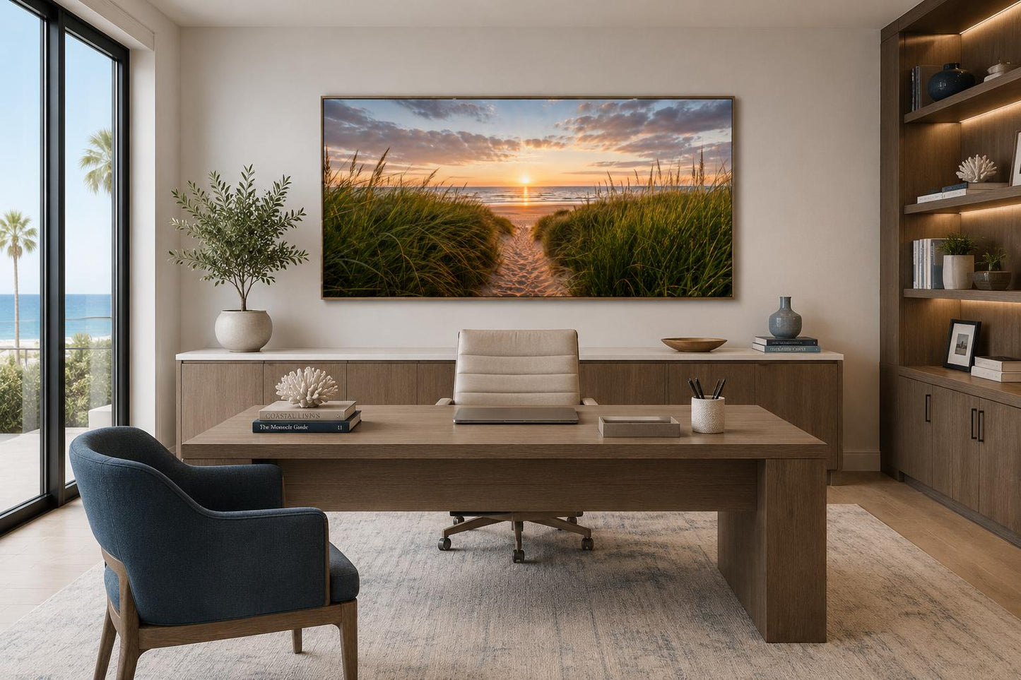 Beach Sunset, Grass And Sand Dunes Coastal Canvas Wall Art