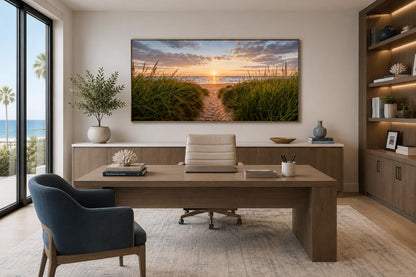 Beach Sunset, Grass And Sand Dunes Coastal Canvas Wall Art