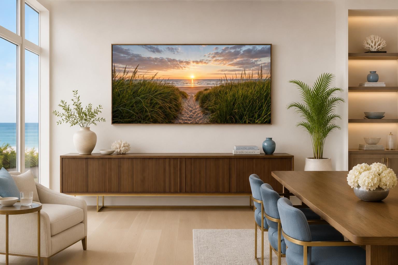 Beach Sunset, Grass And Sand Dunes Coastal Canvas Wall Art
