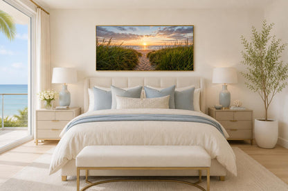 Beach Sunset, Grass And Sand Dunes Coastal Canvas Wall Art