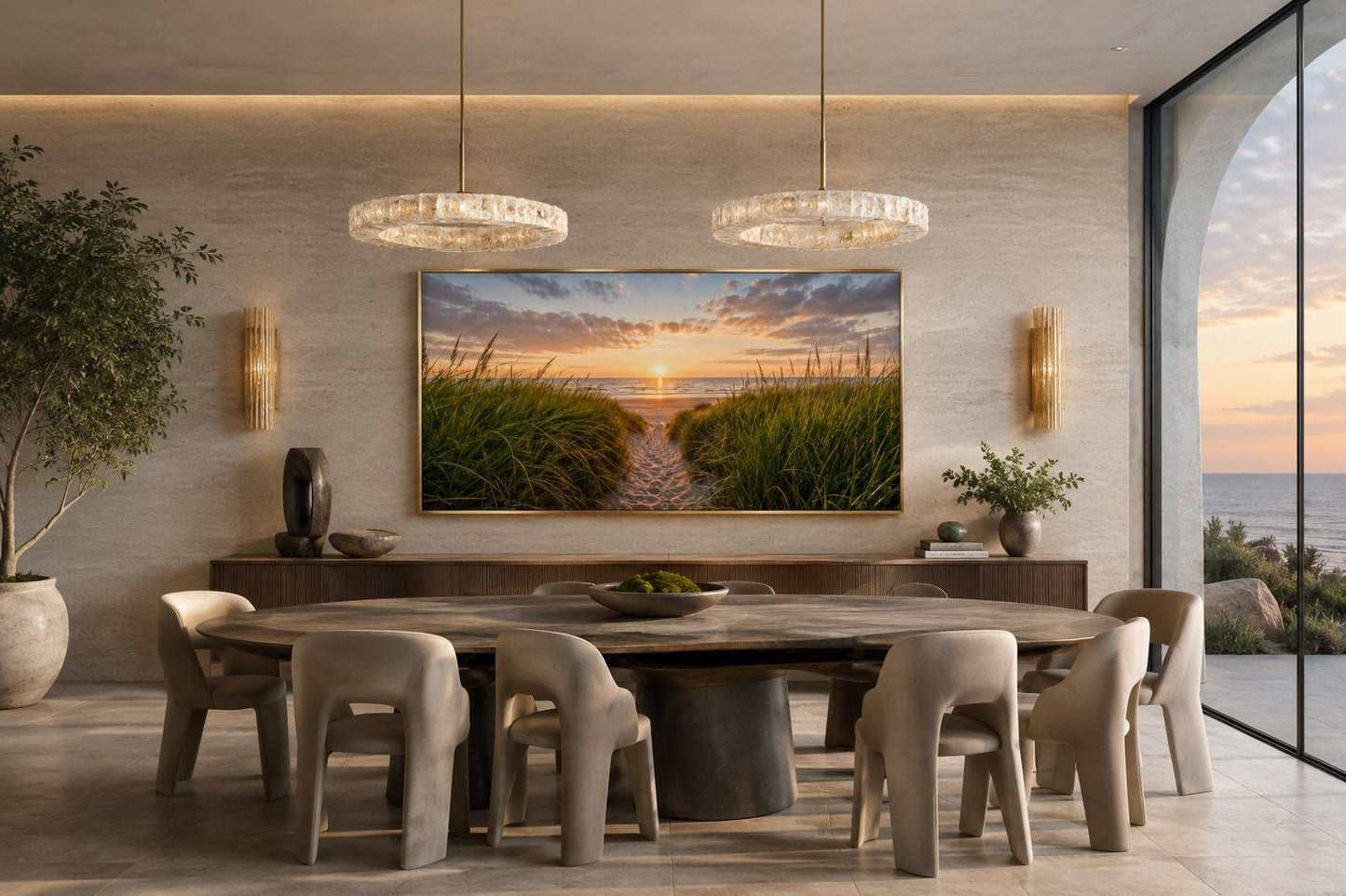 Beach Sunset, Grass And Sand Dunes Coastal Canvas Wall Art