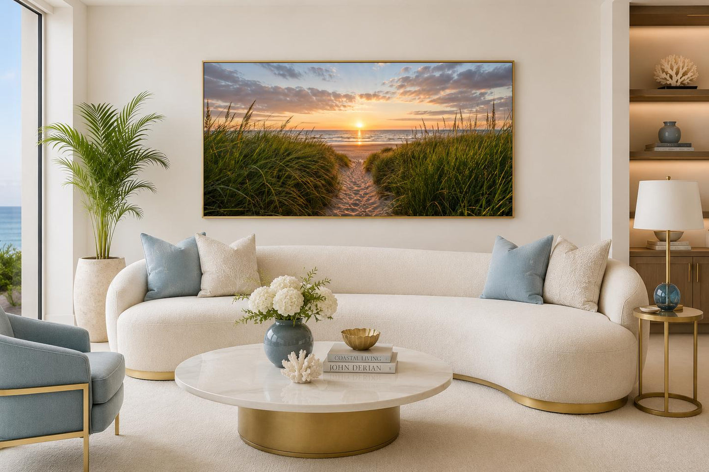 Beach Sunset, Grass And Sand Dunes Coastal Canvas Wall Art