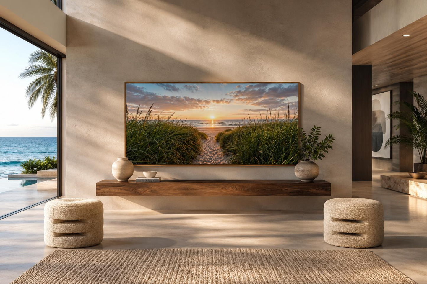 Beach Sunset, Grass And Sand Dunes Coastal Canvas Wall Art