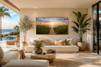 Beach Sunset, Grass And Sand Dunes Coastal Canvas Wall Art