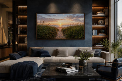 Beach Sunset, Grass And Sand Dunes Coastal Canvas Wall Art