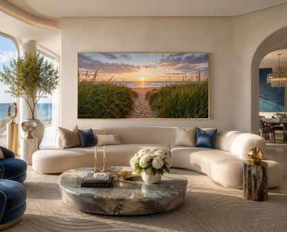 Beach Sunset, Grass And Sand Dunes Coastal Canvas Wall Art