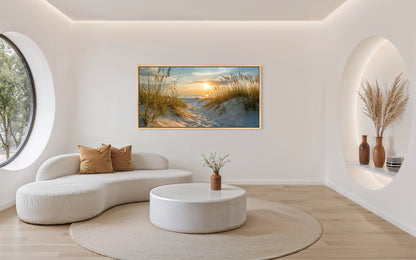 Beach Sunset Wall Art – Framed Sand Dunes Canvas | Coastal Wall Decor for Beach House
