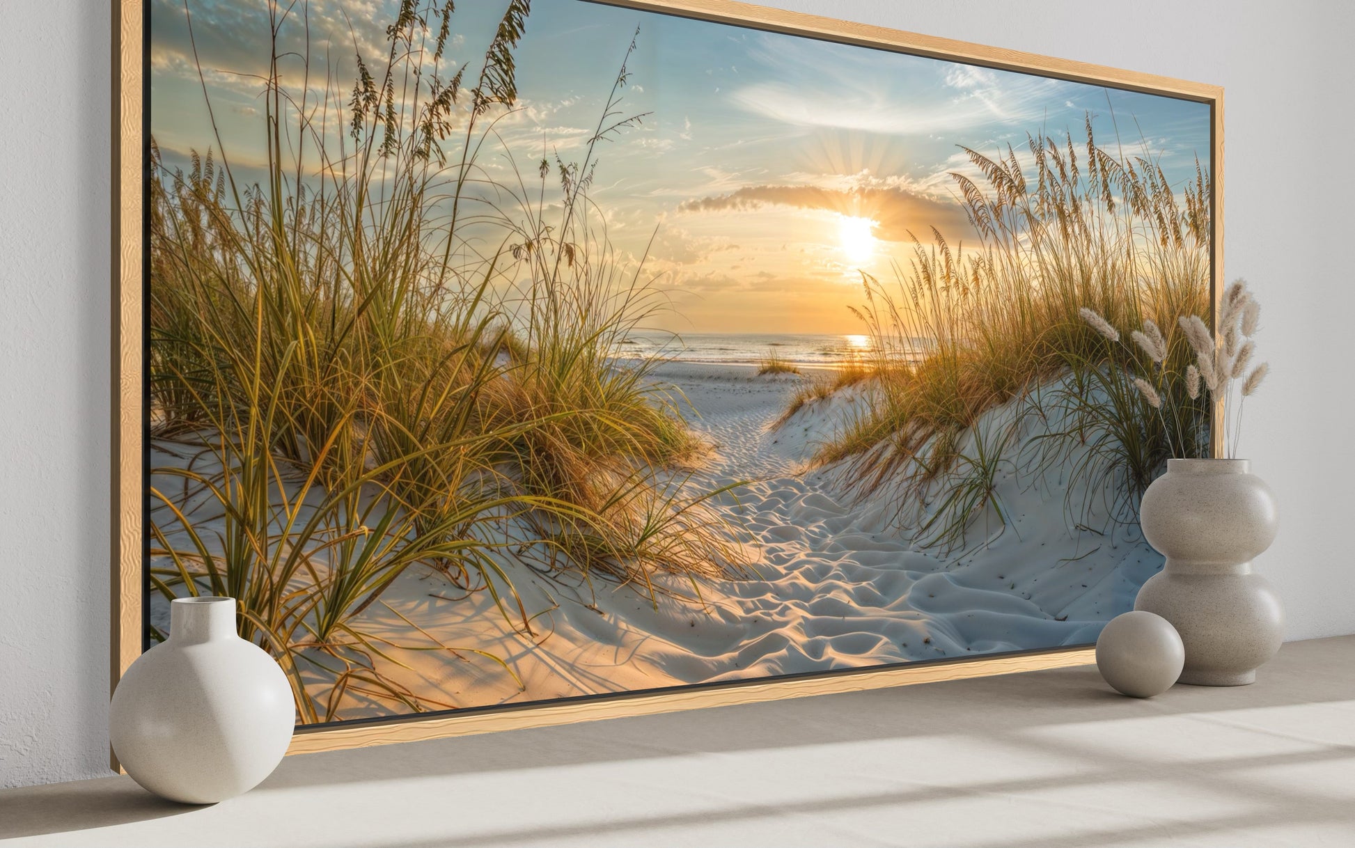 Beach Sunset Wall Art – Framed Sand Dunes Canvas | Coastal Wall Decor for Beach House