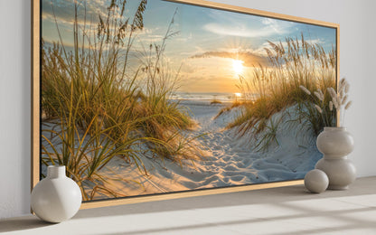 Beach Sunset Wall Art – Framed Sand Dunes Canvas | Coastal Wall Decor for Beach House