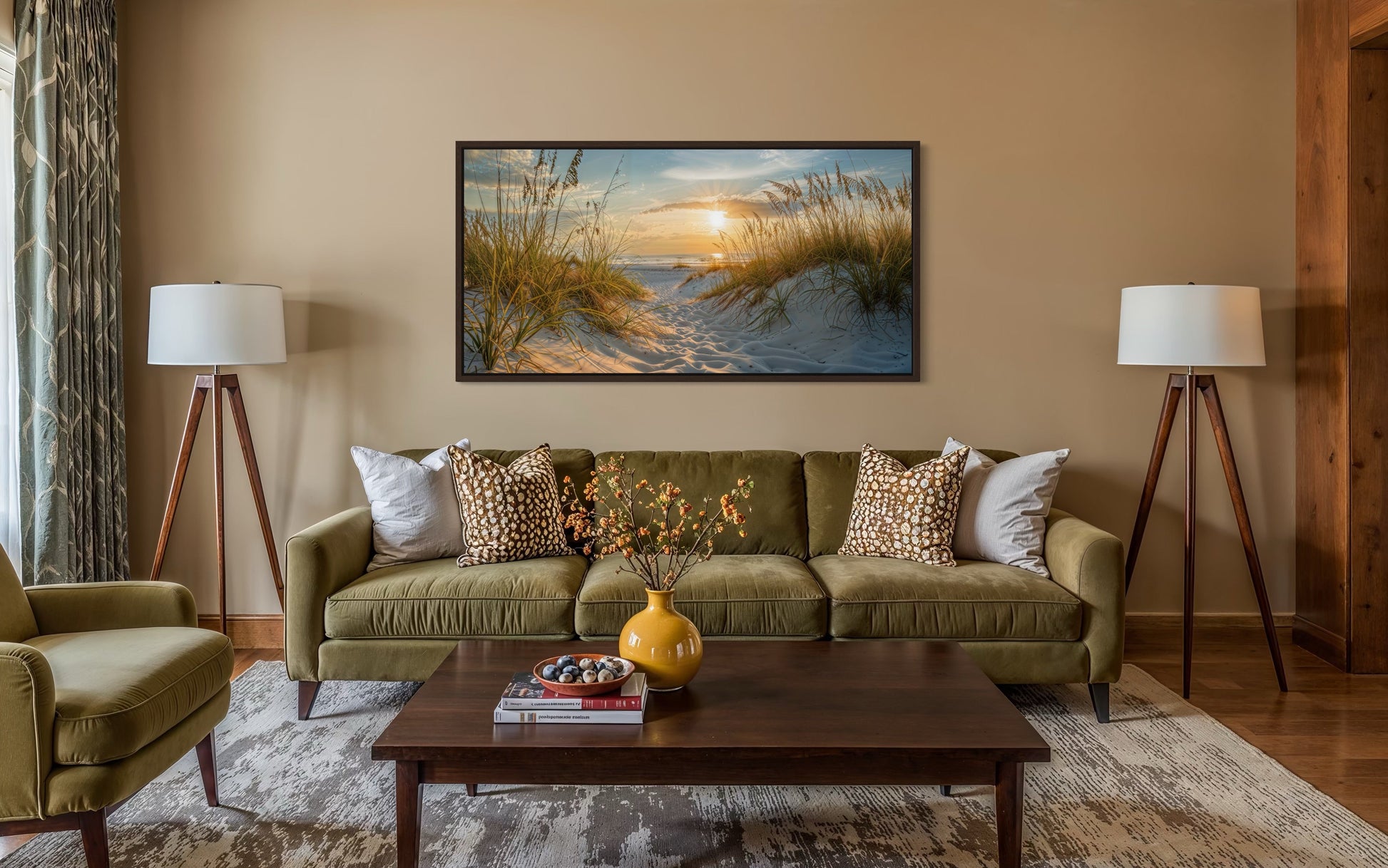 Beach Sunset Wall Art – Framed Sand Dunes Canvas | Coastal Wall Decor for Beach House