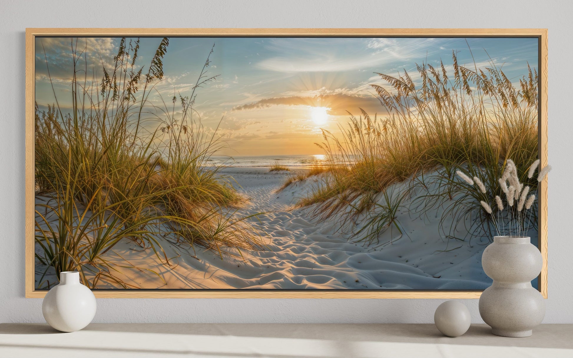 Beach Sunset Wall Art – Framed Sand Dunes Canvas | Coastal Wall Decor for Beach House