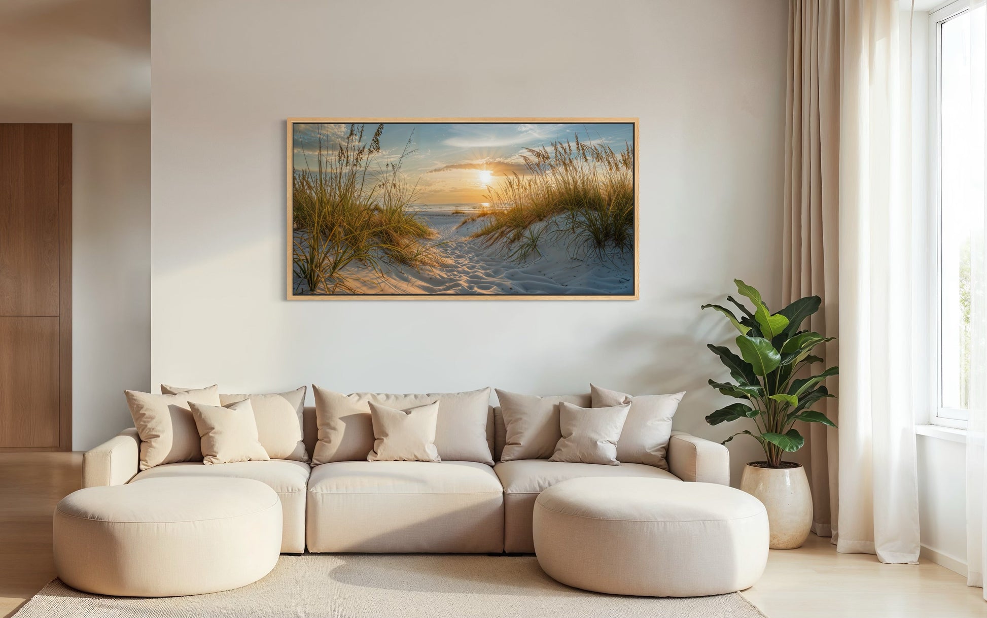 Beach Sunset Wall Art – Framed Sand Dunes Canvas | Coastal Wall Decor for Beach House