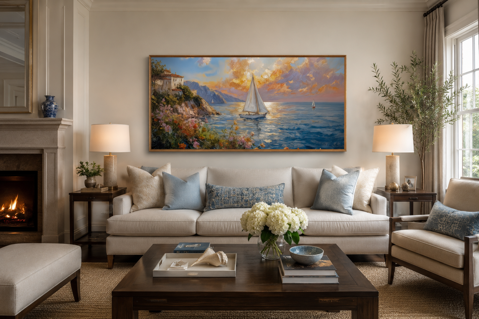 Seascape Wall Art - Modern Coastal Framed Canvas Print With Sailboats Painting