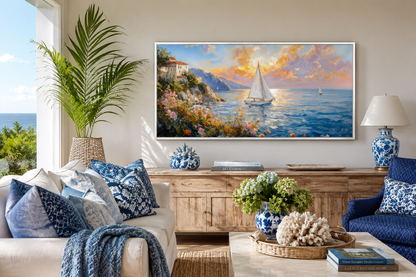 Seascape Wall Art - Modern Coastal Framed Canvas Print With Sailboats Painting