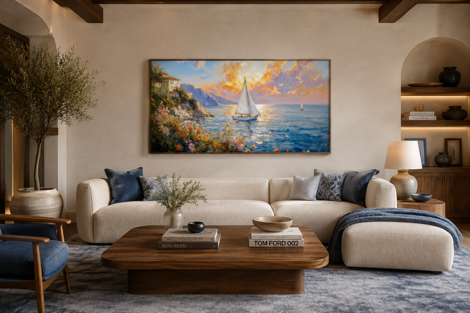 Seascape Wall Art - Modern Coastal Framed Canvas Print With Sailboats Painting