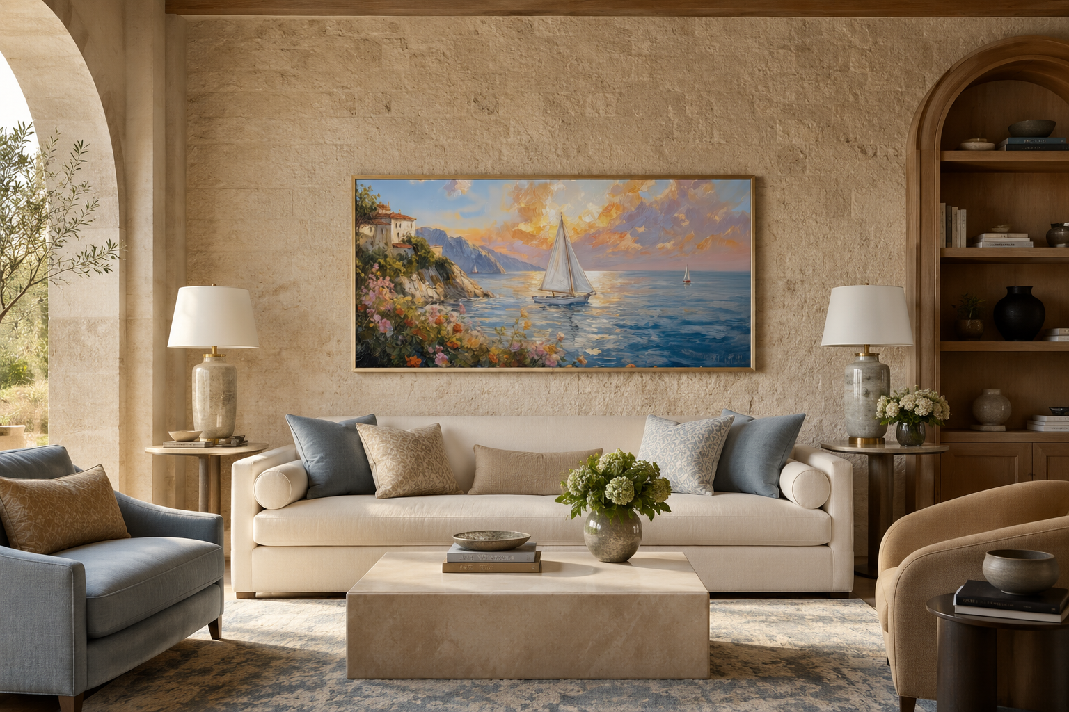 Seascape Wall Art - Modern Coastal Framed Canvas Print With Sailboats Painting