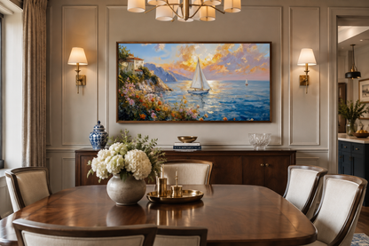 Seascape Wall Art - Modern Coastal Framed Canvas Print With Sailboats Painting