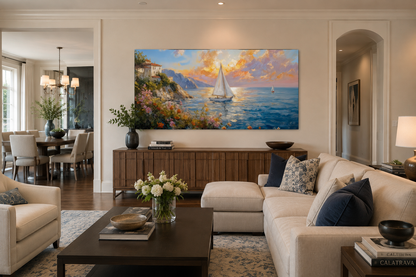 Seascape Wall Art - Modern Coastal Framed Canvas Print With Sailboats Painting