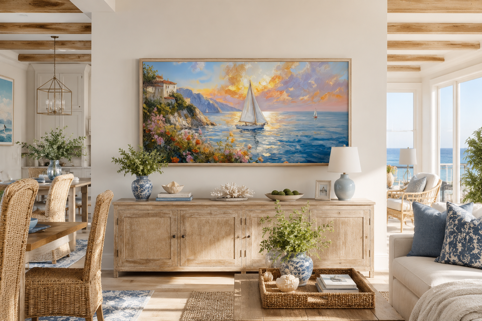 Seascape Wall Art - Modern Coastal Framed Canvas Print With Sailboats Painting