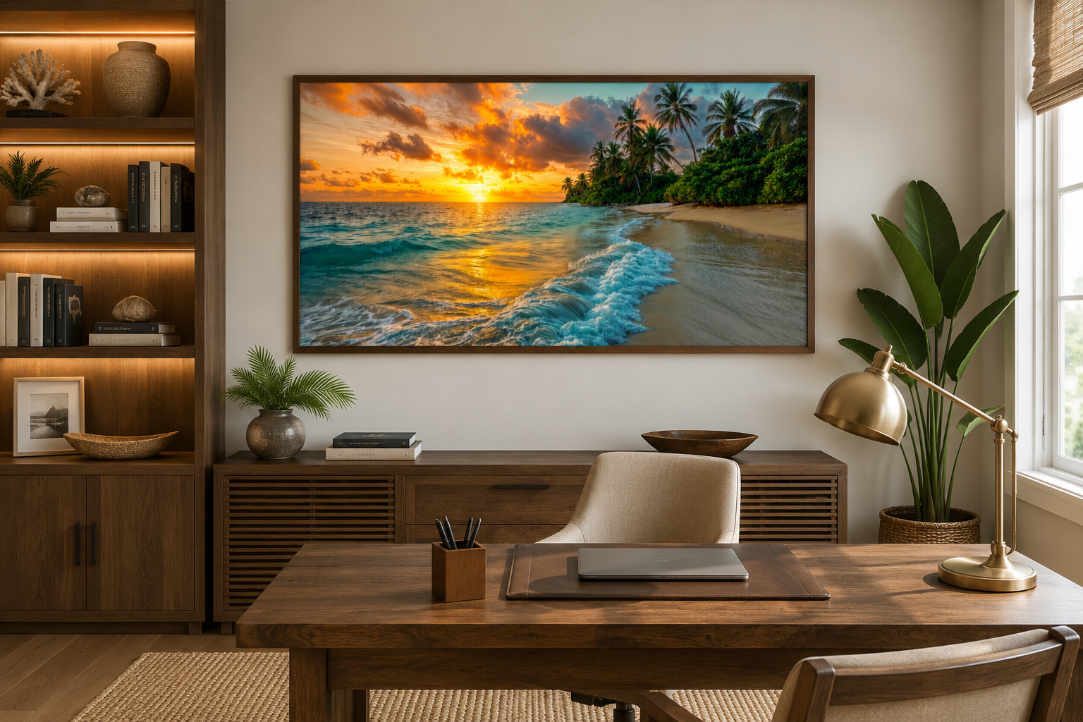Tropical Beach At Sunset Framed Canvas Wall Art