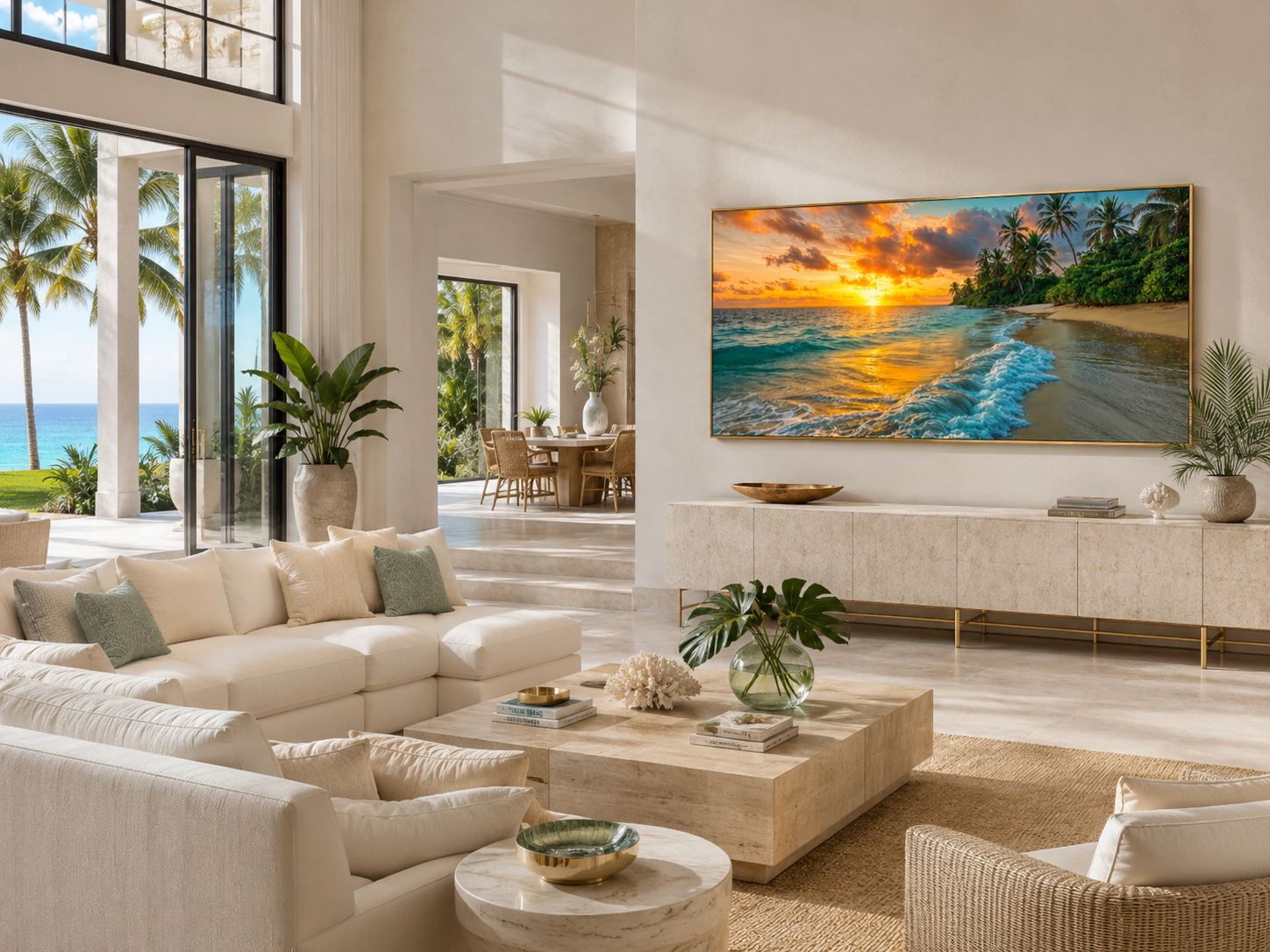Tropical Beach At Sunset Framed Canvas Wall Art