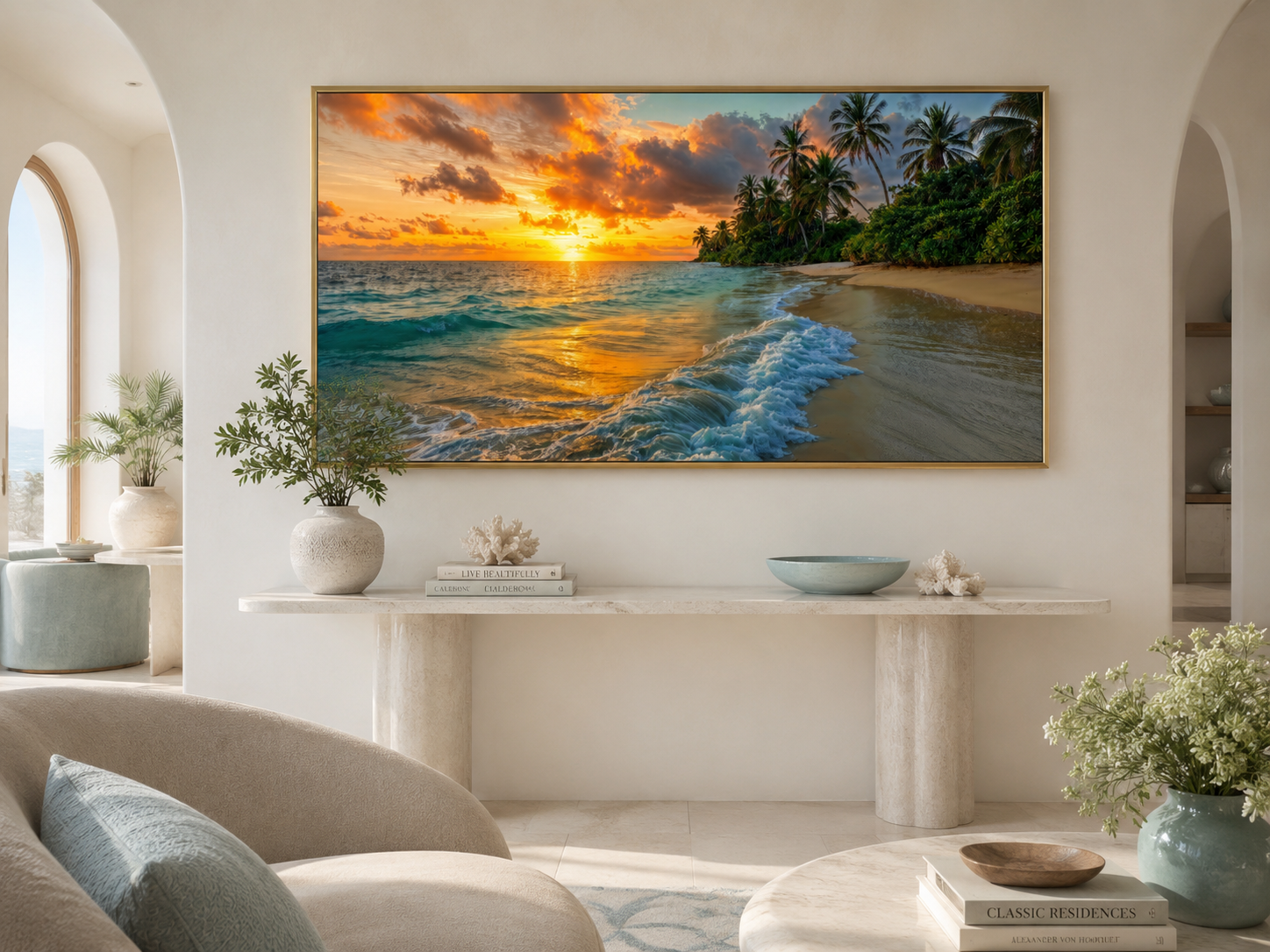 Tropical Beach At Sunset Framed Canvas Wall Art