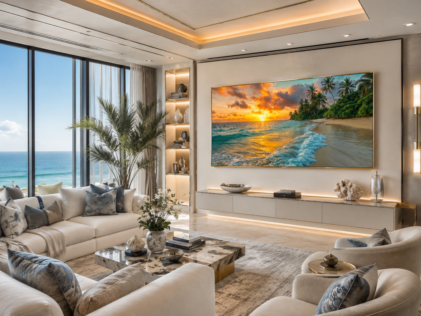 Tropical Beach At Sunset Framed Canvas Wall Art