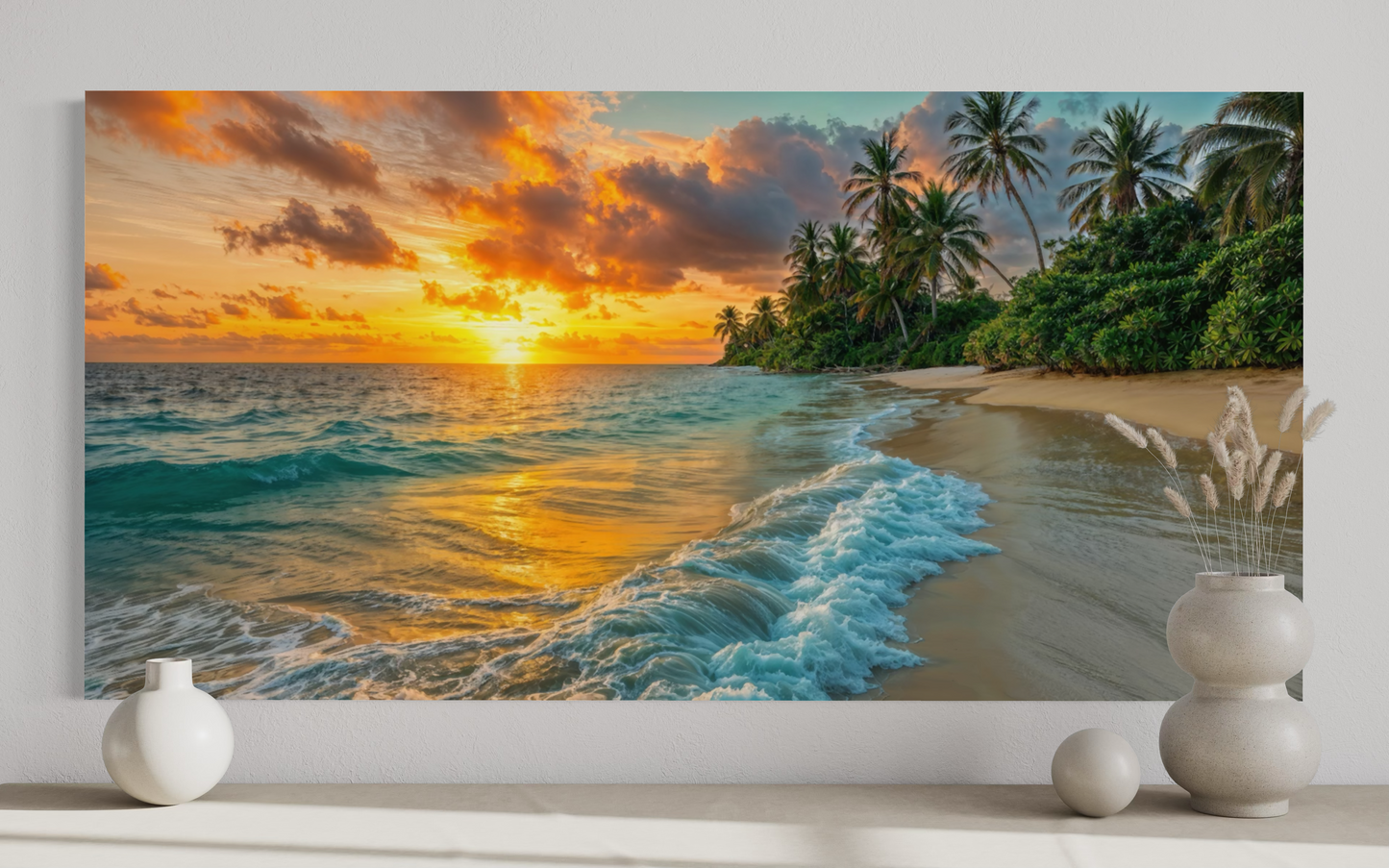 Tropical Beach At Sunset Framed Canvas Wall Art