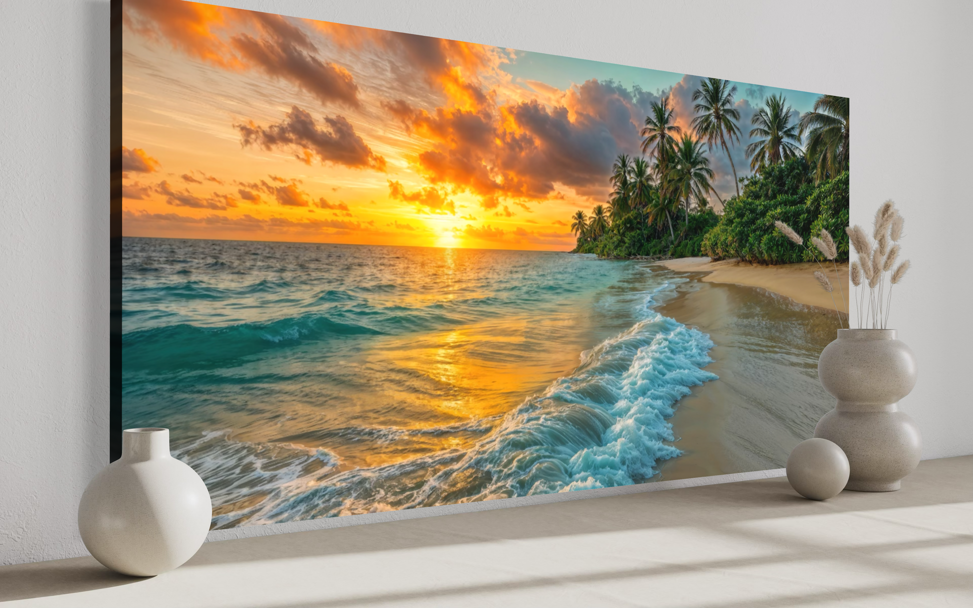 Tropical Beach At Sunset Framed Canvas Wall Art